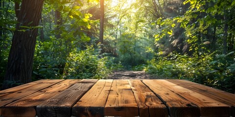 Wall Mural - rustic wooden table in lush forest backdrop with warm natural lighting and ample copy space
