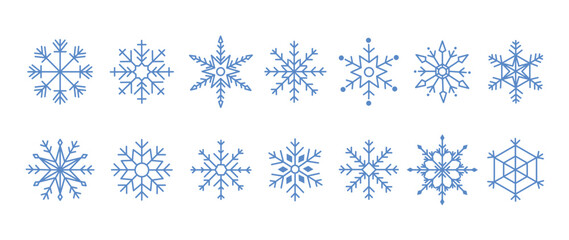 Wall Mural - Set of snowflakes linear vector icon. Geometric snowflake shape, nature and winter related vector symbol hand drawn contour collection. Line art illustration design for logo, sticker, christmas.
