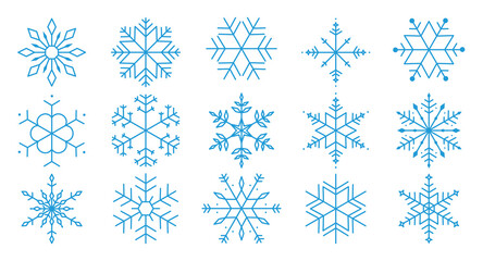 Wall Mural - Set of snowflakes linear vector icon. Geometric snowflake shape, nature and winter related vector symbol hand drawn contour collection. Line art illustration design for logo, sticker, christmas.