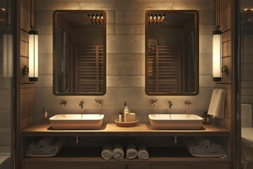 Wall Mural - Bathroom Light. Luxury Contemporary Beige Bathroom Design with Brass Mirrors and Dark Wood Cabin