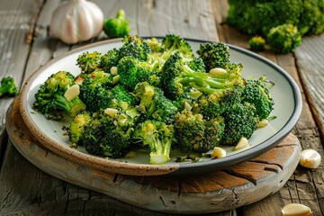 A plate of roasted broccoli with garlic, on a rustic wooden table