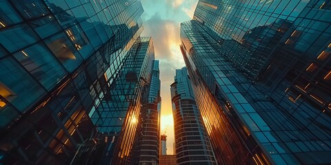 Wall Mural - Aerial View of Futuristic City Skyline with Tall Glass Towers Reflecting Sky at Sunset