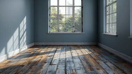 empty grey room with wooden floor, photo of stock, place of the text