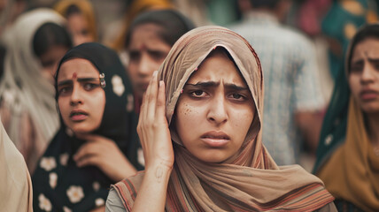 Wall Mural - upset pakistani young public in a procession, tan color grade,generative ai