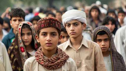 Wall Mural - upset pakistani young public in a procession, tan color grade,generative ai