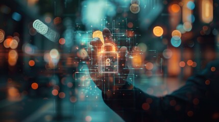 hand reaching towards a digital security lock symbol.