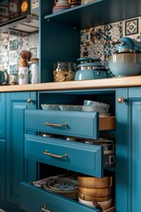 interior design of blue kitchen cabinet with utensils in it