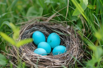 Wall Mural - American Robin nest and blue eggs