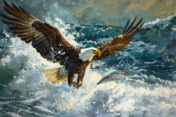 Wall Mural - Bald Eagle catching fish in ocean