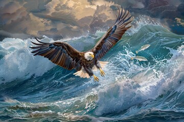 Wall Mural - Bald Eagle catching fish in ocean