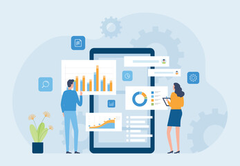 Poster - business data analytics report design concept. and flat vector illustration business finance investment monitor dashboard. people team working concept	