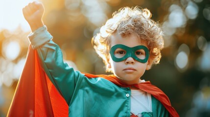 Sticker - A young boy wearing a superhero cape, striking a heroic pose in his Halloween costume.