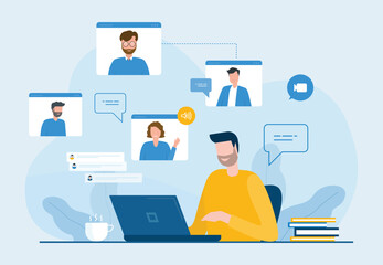 Wall Mural - flat vector design business people meeting online with video conference connect and technology remot