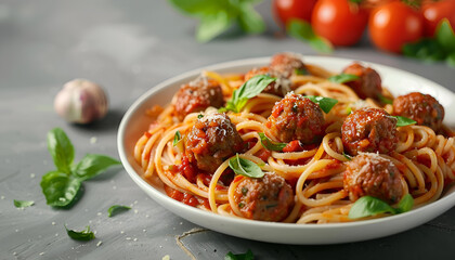 Wall Mural - Delicious pasta with meatballs and tomato sauce on grey background