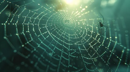 A Spider Sits in the Center of a Spider Web With Dew on It - Generative AI