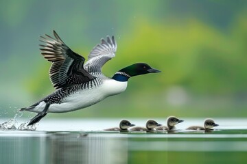 Wall Mural - Common Loon adult in flight, swimming, nesting, with babies