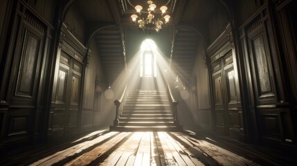 An atmospheric image of a dimly lit room in a haunted house, decorated with spooky ornaments such as ghostly figures, creaky doors, and dusty old books.