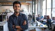 © bomie - Young entrepreneur smiling with crossed arms in a minimalist workspace