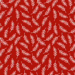 Seamless pattern rowan leaves white outline - red square autumn vector background