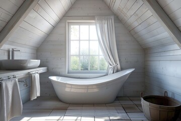 Wall Mural - Bathtub Interior Design. Elegant Attic Bathroom with White Bathtub and Wood Floor