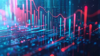 Wall Mural - Growing virtual hologram of statistics, graphs and charts. Investment growth at exchange rates. Business, analysis and growth concept.