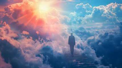 person walking up a stairway to the sky, surrounded by clouds, symbolizing the journey to the afterlife