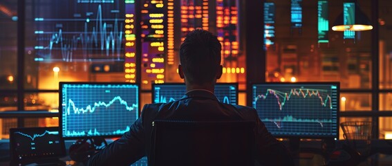 Fototapete - The business analyst uses computers for data analysis and Data Management Systems that connect to the database for technology, finance, operations, sales, and customer service.