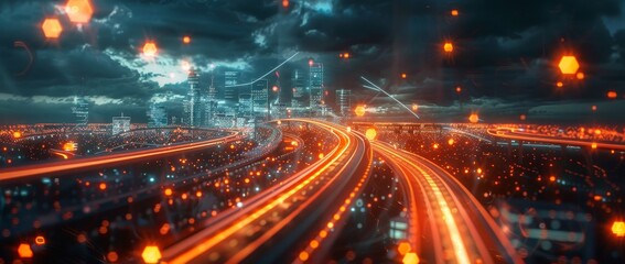 Fototapete - The concept of a smart city is shown with a polygon pattern, speed lines, and big data connections.