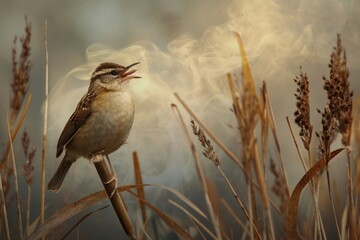 Wall Mural - Marsh Wren singing from cattail marsh