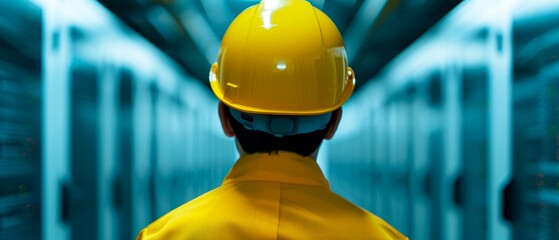 back view of worker in yellow hard hat walks through a server room.