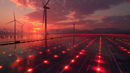 Poster - Clean energy, sustainably, green energy, eco energy concept, photovoltaic panels and turbines under a blue morning sky. Sustainable, eco energy, love nature, e-energy.