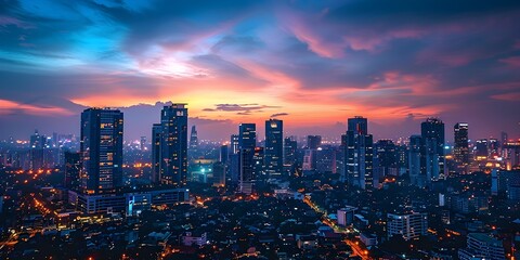 Sticker - Magnificent Cityscape at Sunset with Towering Skyscrapers and Twinkling Lights