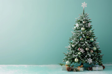 Wall Mural - Christmas tree with gifts on the floor in a room against a green wall, in a minimalistic style, free space for text