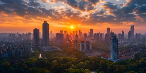 Sticker - Dramatic Sunset View of a Majestic City Skyline with Tall Buildings and Vibrant Sky