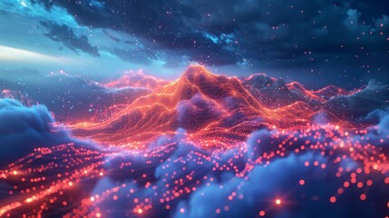 Aufkleber - Modern illustration of a flag flying on top of a mountain with lines, triangles, and particles. Mountain climbing route to a peak.