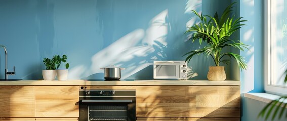 Fototapete - An interior of a blue kitchen with white counter tops, utensils, appliances, and a working area. A 3D animation...