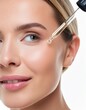 © Eggy - Beautiful Woman holding a Pipette with Skincare Serum - Applying Serum to her Face - Hyaluronic Acid, Anti Aging, Moisturiser, Repair, Hydrating, Vitamin, Ascorbic, Retinol, Exfoliant, Azelaic