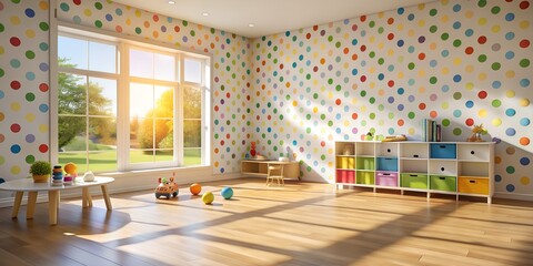 A sunlit playroom with bright polka dot wallpaper adorning the walls AI-Created Content