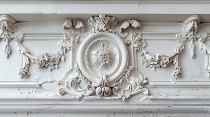 Poster - The beautiful white wall is adorned with intricate plaster moldings.