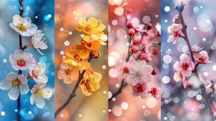 Wall Mural - A collage of seasonal blossoms in white, yellow, pink, and red, set against beautifully blurred bokeh backgrounds.