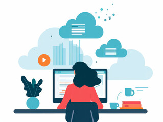 Illustration of a person working on a computer with cloud computing icons, documents, and technology elements around, signifying modern digital work.