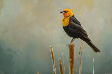 Wall Mural - Yellow-headed Blackbird male on cattail