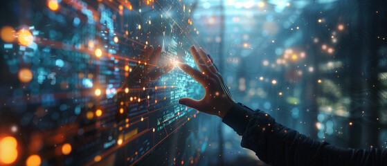 Wall Mural - Hand interacting with futuristic digital interface with data visualizations.