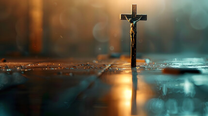 Religious crucifix cross upright on wooden table background with copy space