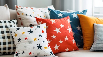 Star-patterned pillow with sample print on white