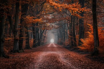 Wall Mural - Pathway Autumn through Forest with Fall Foliage and Orange Trees