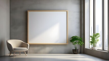 Wall Mural - An empty poster frame in a modern office interior, on a concrete wall, with natural light from windows, concept of advertising space