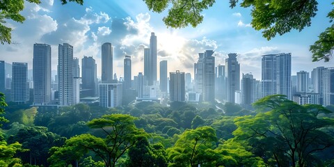 Sticker - Vibrant Modern City Skyline with Towering Skyscrapers and Lush Green Spaces