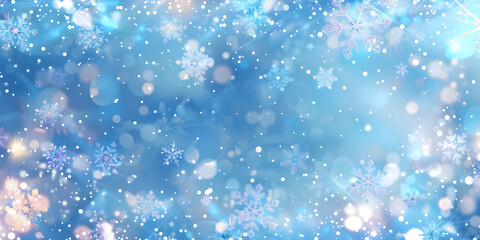 winter holiday background with snowflakes and bokeh lights in pastel blue colors, perfect for festiv
