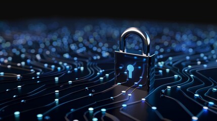 Wall Mural - Digital Padlock on Dark Blue Background: Cyber Security Technology for Fraud Prevention and Data Privacy Protection